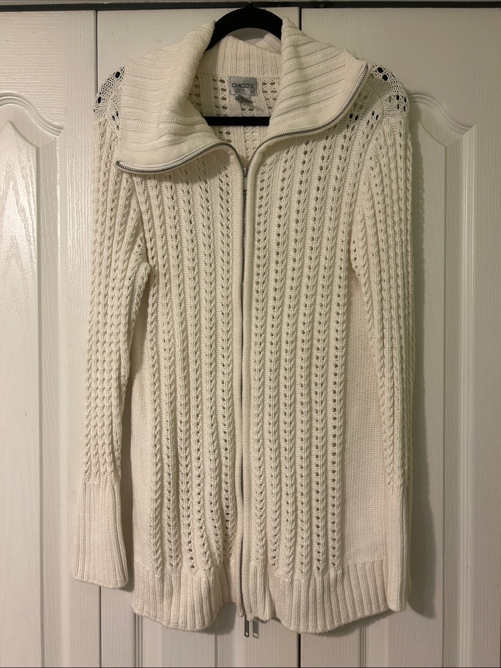 Chico's Cream Cable-Knit Zip-Front Sweater Jacket